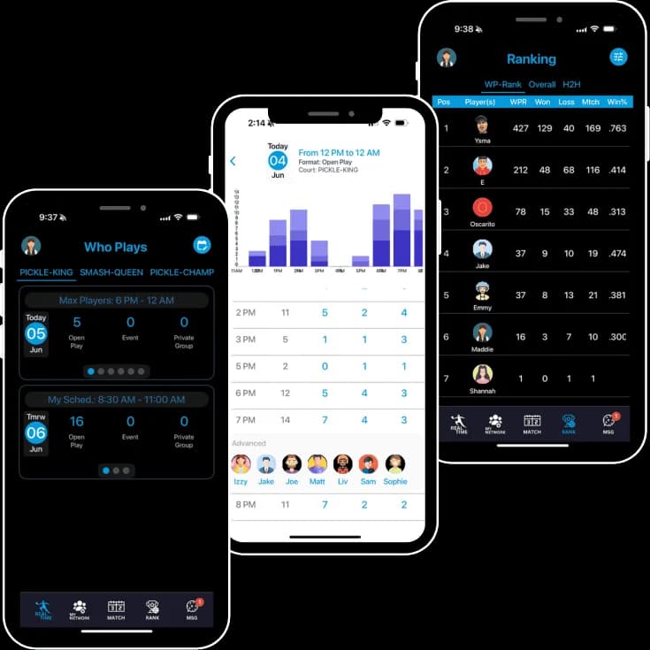 WhoPlays mobile screens showing court feed and scheduling